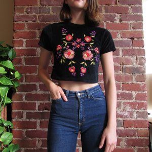 UO Black Velvet Floral Embroidered Top